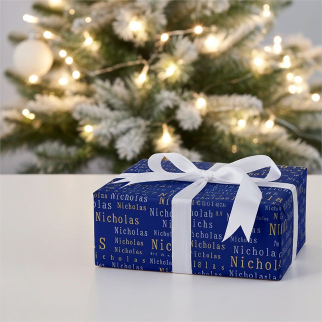 Papier Cadeau Bleu, Argent et Or Nom Papier d'emballage personna (Créateur téléchargé)