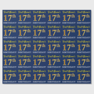 Papier Cadeau Bleu, aspect or imitation "17e ANNIVERSAIRE"