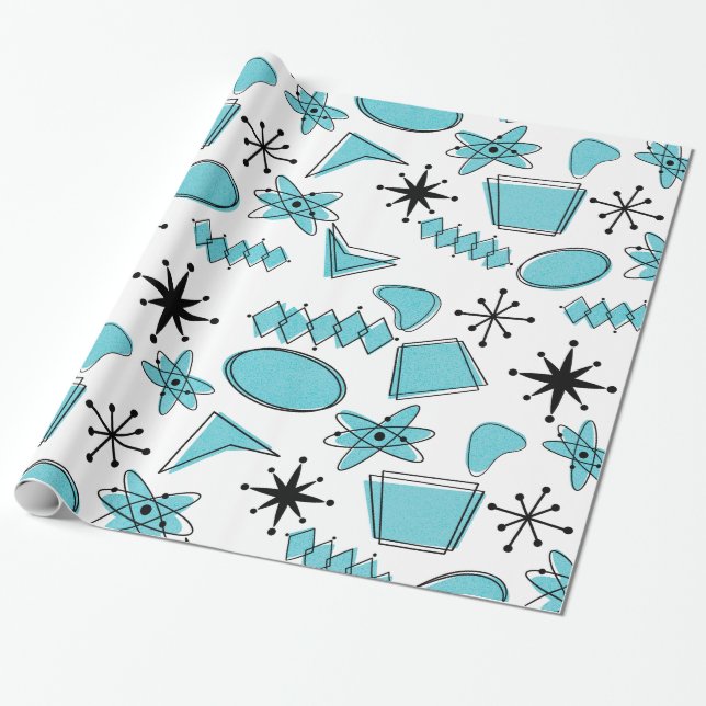 Papier Cadeau Bleu atomique et noir sur blanc à grande échelle (Déroulé)