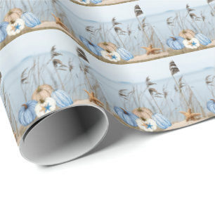 Papier Cadeau Bleu automne côtier et Citrouilles blancs et Starf