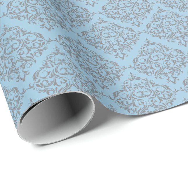 Papier Cadeau Bleu avec le motif gris de damassé (Coin rond)
