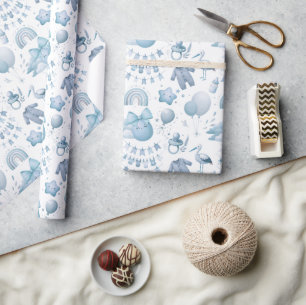 Papier Cadeau Bleu Baby shower mignonne Papier à envelopper roul
