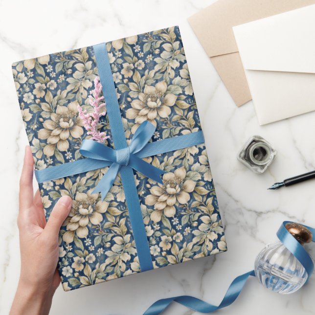 Papier Cadeau Bleu Beige Vert Chinoiserie Toile Floral Anniversa (Cadeaux)