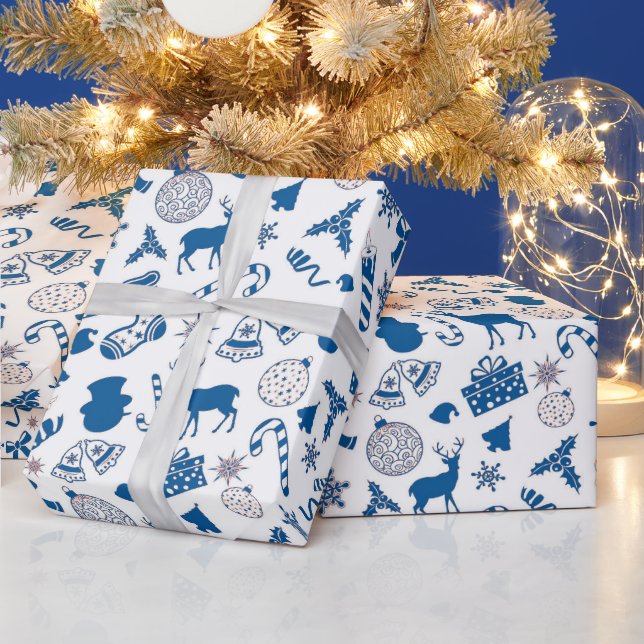 Papier Cadeau Bleu blanc argent motif emballage de Noël (Vacances)