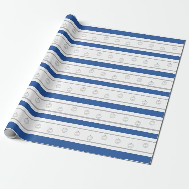 Papier Cadeau Bleu, blanc, argenté rayée avec ornements (Déroulé)