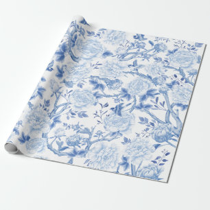 Papier Cadeau Bleu Blanc Chinoiserie Fleurs Oiseaux Porcelaine