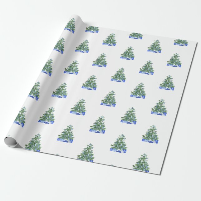 Papier Cadeau Bleu Blanc Chinoiserie Poterie Arbre de Noël Cadea (Déroulé)