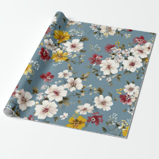 Papier Cadeau Bleu Blanc Jaune Rouge Fleur Pastel Boho 70s