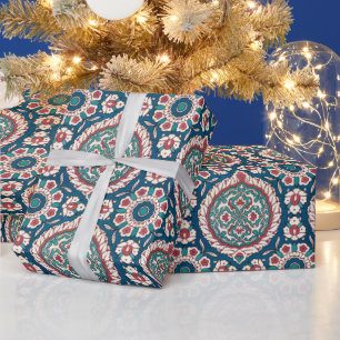 Papier Cadeau Bleu blanc rouge Turquoise Oriental Azulejo Motif