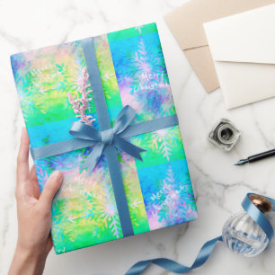 Papier Cadeau Bleu Blanc Vert Fractal Flocon de neige Noël