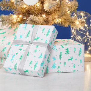 Papier Cadeau Bleu blanc Vert Illustration Motif de Noël