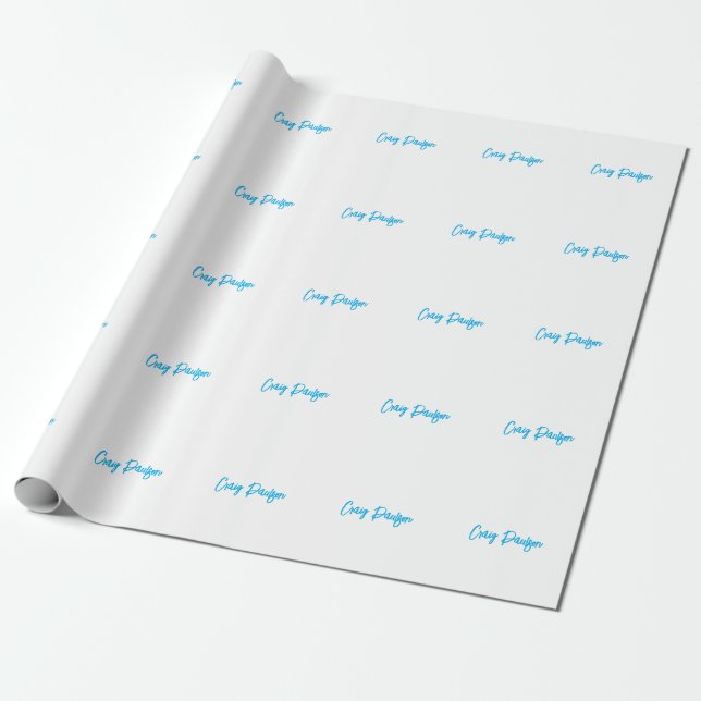 Papier Cadeau Bleu Blanc Votre Nom Calligraphie Unique Minimalis (Déroulé)