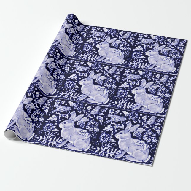 Papier Cadeau Bleu Bleu Lapin Lapin Oiseaux de lapin Dedham Pâqu (Déroulé)