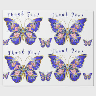 Papier Cadeau Bleu bleu rose or papillon Merci Floral