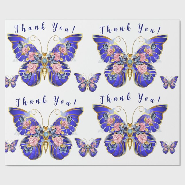 Papier Cadeau Bleu bleu rose or papillon Merci Floral (Plat)