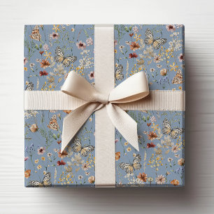 Papier Cadeau Bleu Boho Fleur Sauvage