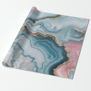 Papier Cadeau Bleu clair rose or Agitation marbre Design moderne