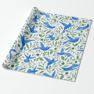 Papier Cadeau Bleu colibris vert feuille motif