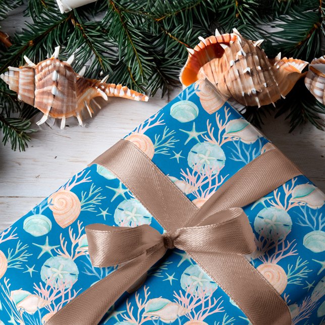 Papier Cadeau Bleu côtier Noël Aquarelle Motif de coquillages (Coastal Blue Christmas Watercolor Seashell Pattern Wrapping Paper)
