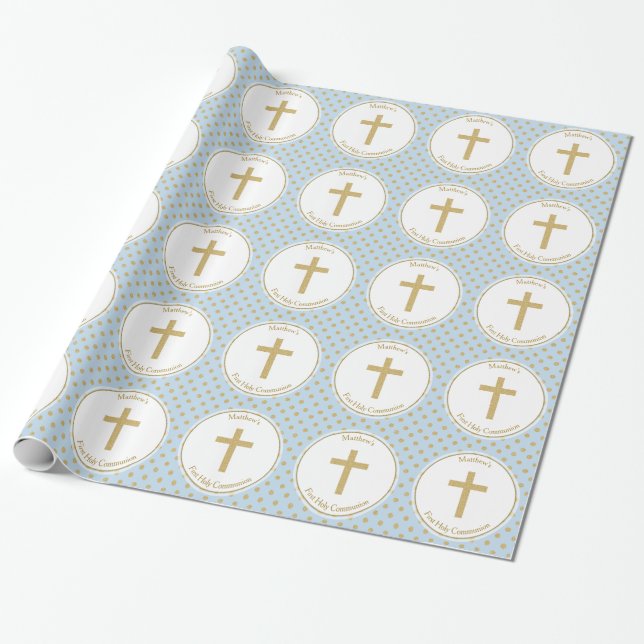 Papier Cadeau Bleu de communion avec Pois d'or (Déroulé)