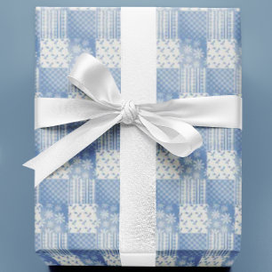 Papier Cadeau Bleu Denim Vintage Blanc Crème Patchwork 