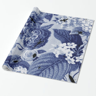 Papier Cadeau Bleu d'indigo Toile floral botanique vintage et