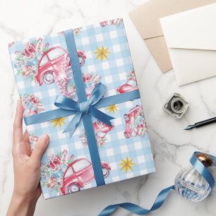 Papier Cadeau Bleu En vichy Rouge Voitures Vintage Noël