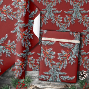 Papier Cadeau Bleu Épinette Bleu Baies rouges Lattice Rouge fonc
