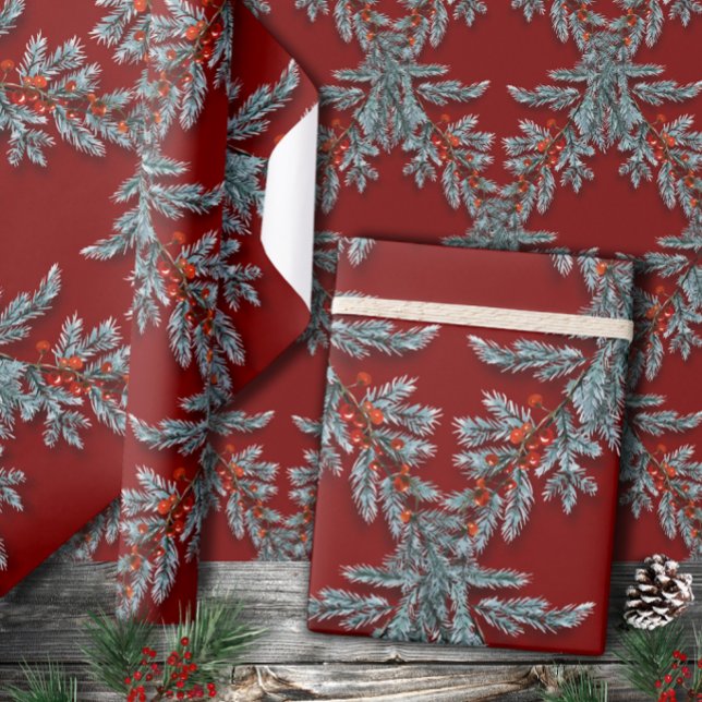 Papier Cadeau Bleu Épinette Bleu Baies rouges Lattice Rouge fonc (Créateur téléchargé)