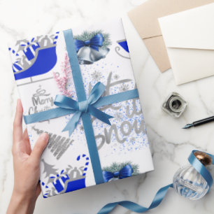 Papier Cadeau Bleu et argent Laisser neiger sur blanc  