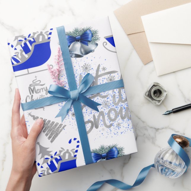 Papier Cadeau Bleu et argent Laisser neiger sur blanc | (Cadeaux)