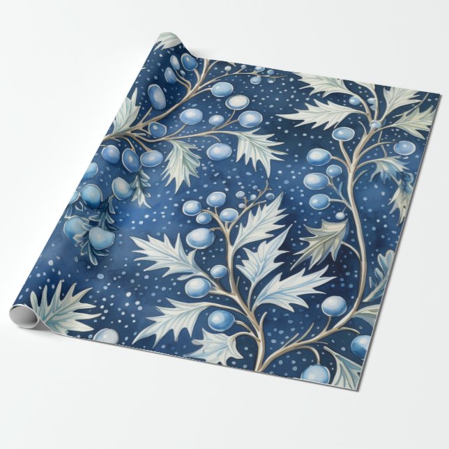 Papier Cadeau Bleu et blanc Feuille de la pomme de Noël (Déroulé)