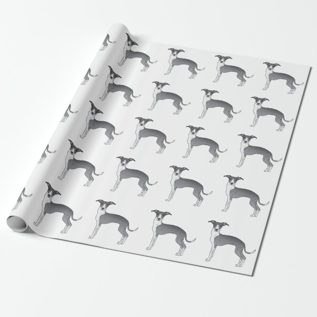 Papier Cadeau Bleu Et Blanc Italien Greyhound Cute Chien Motif (Déroulé)