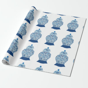 Papier Cadeau Bleu et blanc peint à la main Ginger Jar