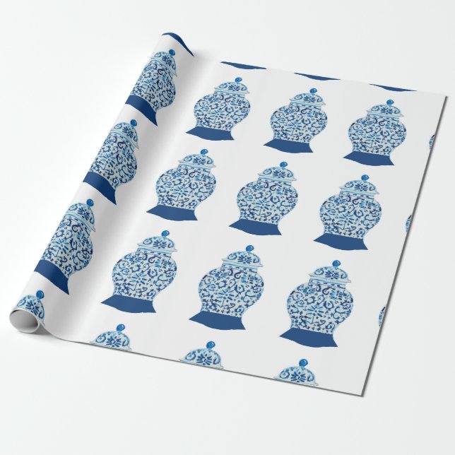 Papier Cadeau Bleu et blanc peint à la main Ginger Jar (Déroulé)