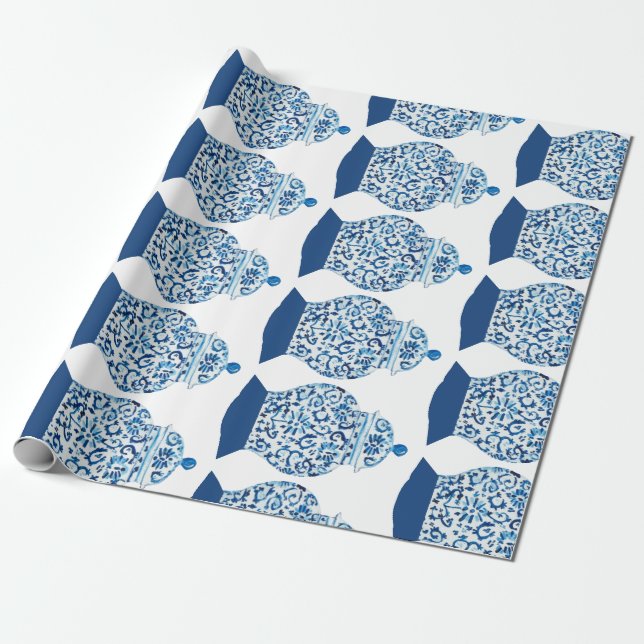 Papier Cadeau Bleu et blanc peint à la main Ginger Jar (Déroulé)