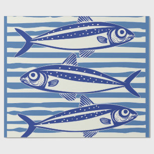 Papier Cadeau Bleu et blanc Sardines Grandes