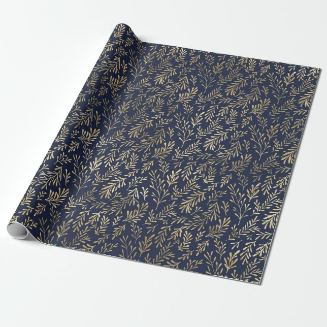 Papier Cadeau Bleu et or Abstrait Art Déco Motif Feuille  (Déroulé)