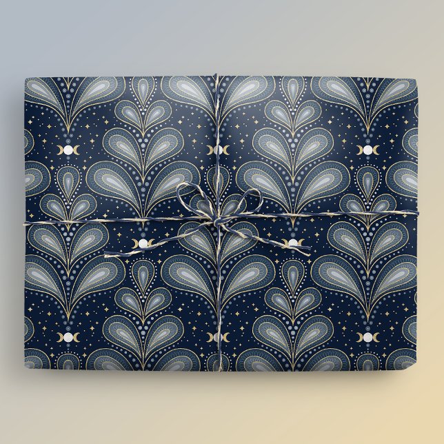 Papier Cadeau Bleu et or élégant Art Déco Celestial Paisley (Gift mockup)