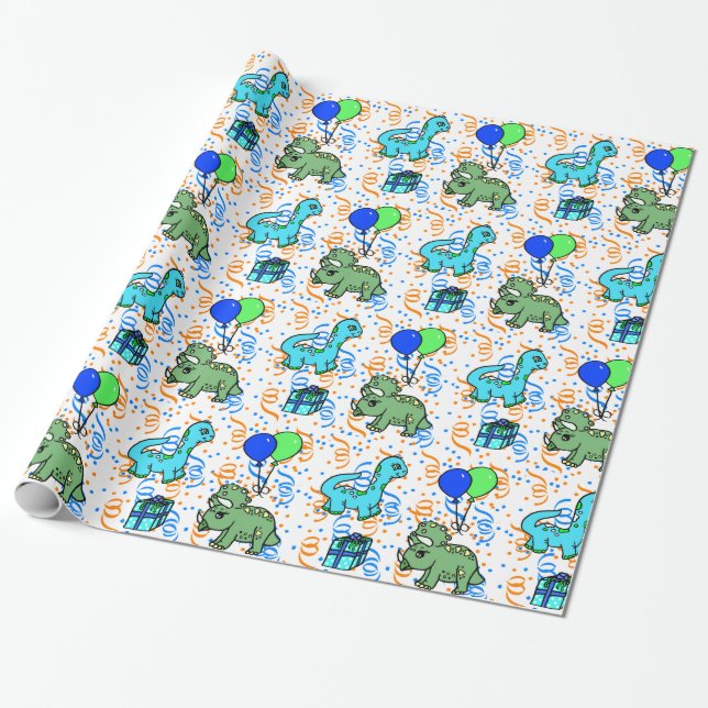 Papier Cadeau Bleu et vert Confetti Dinosaures Anniversaire (Déroulé)
