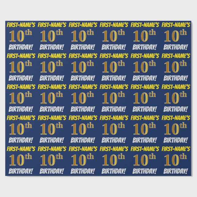 Papier Cadeau Bleu, Faux/Imitation Or, "10e ANNIVERSAIRE" (Plat)