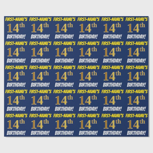 Papier Cadeau Bleu, Faux/Imitation Or, "14e anniversaire" (Plat)