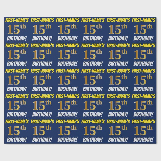 Papier Cadeau Bleu, Faux/Imitation Or, "15e anniversaire" (Plat)