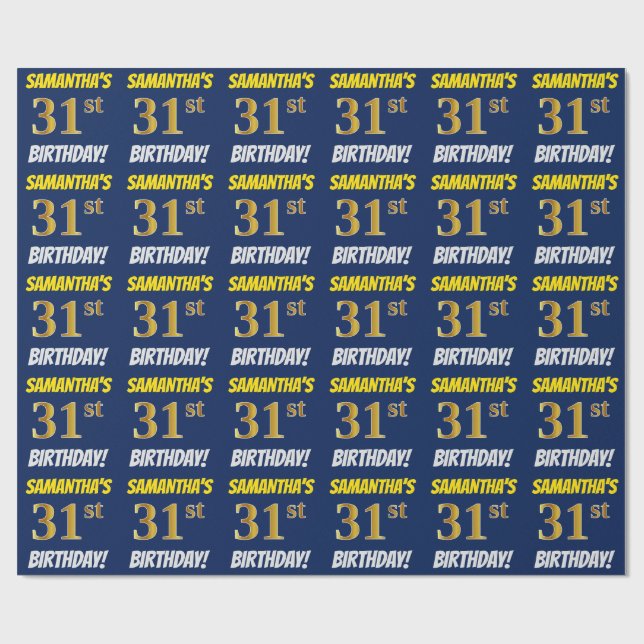 Papier Cadeau Bleu, Faux/Imitation Or, "31e ANNIVERSAIRE" (Plat)