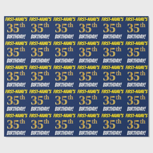 Papier Cadeau Bleu, Faux/Imitation Or, "35e anniversaire" (Plat)