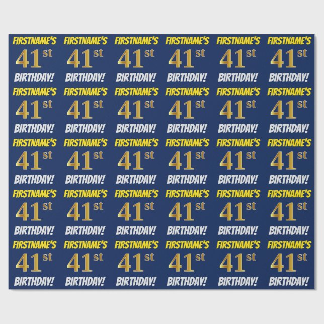 Papier Cadeau Bleu, Faux/Imitation Or, "41e ANNIVERSAIRE" (Plat)