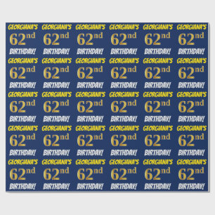 Papier Cadeau Bleu, Faux/Imitation Or, "62e anniversaire"