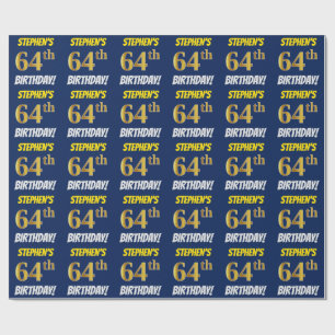 Papier Cadeau Bleu, Faux/Imitation Or, "64e anniversaire"