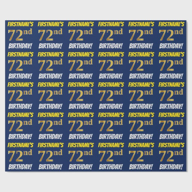 Papier Cadeau Bleu, Faux/Imitation Or, "72e anniversaire" (Plat)