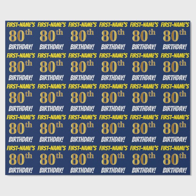 Papier Cadeau Bleu, Faux/Imitation Or, "80e ANNIVERSAIRE" (Plat)